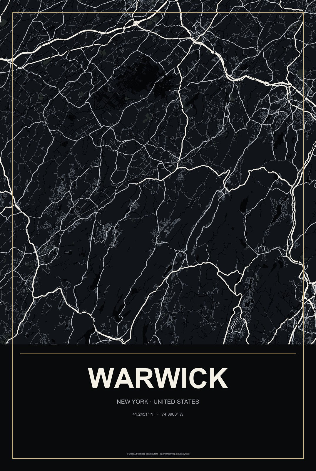 Warwick, New York City Map Aluminum Sign in Metropolitan Noir style
