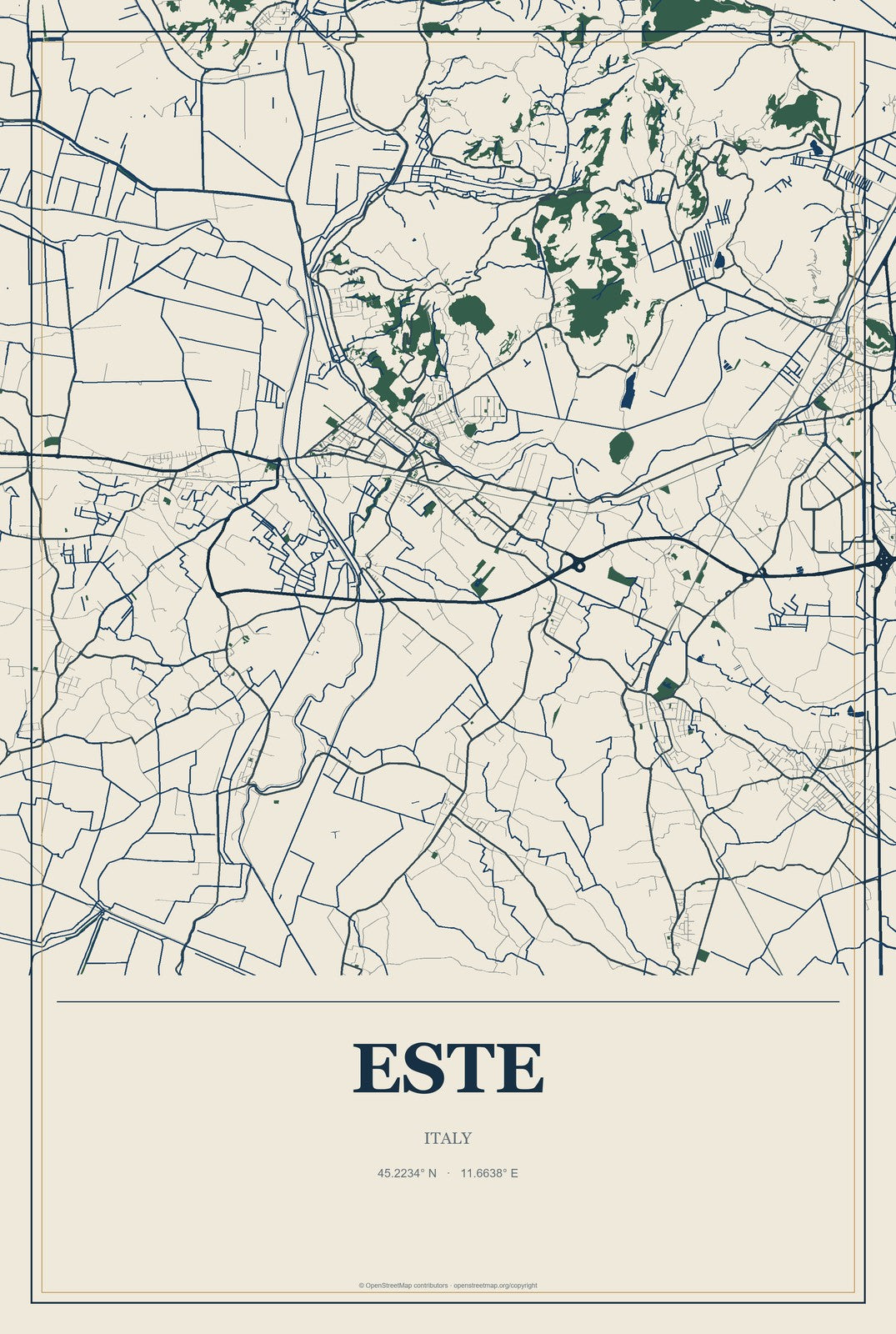 Este, Italy City Map Aluminum Sign in Coastal Cutout style