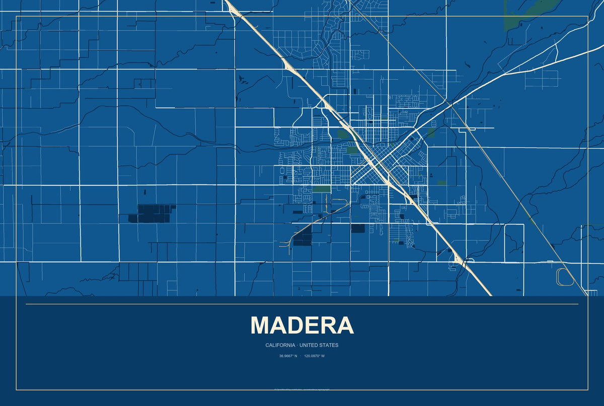 Madera, California City Map Aluminum Sign in Harbor Cobalt style