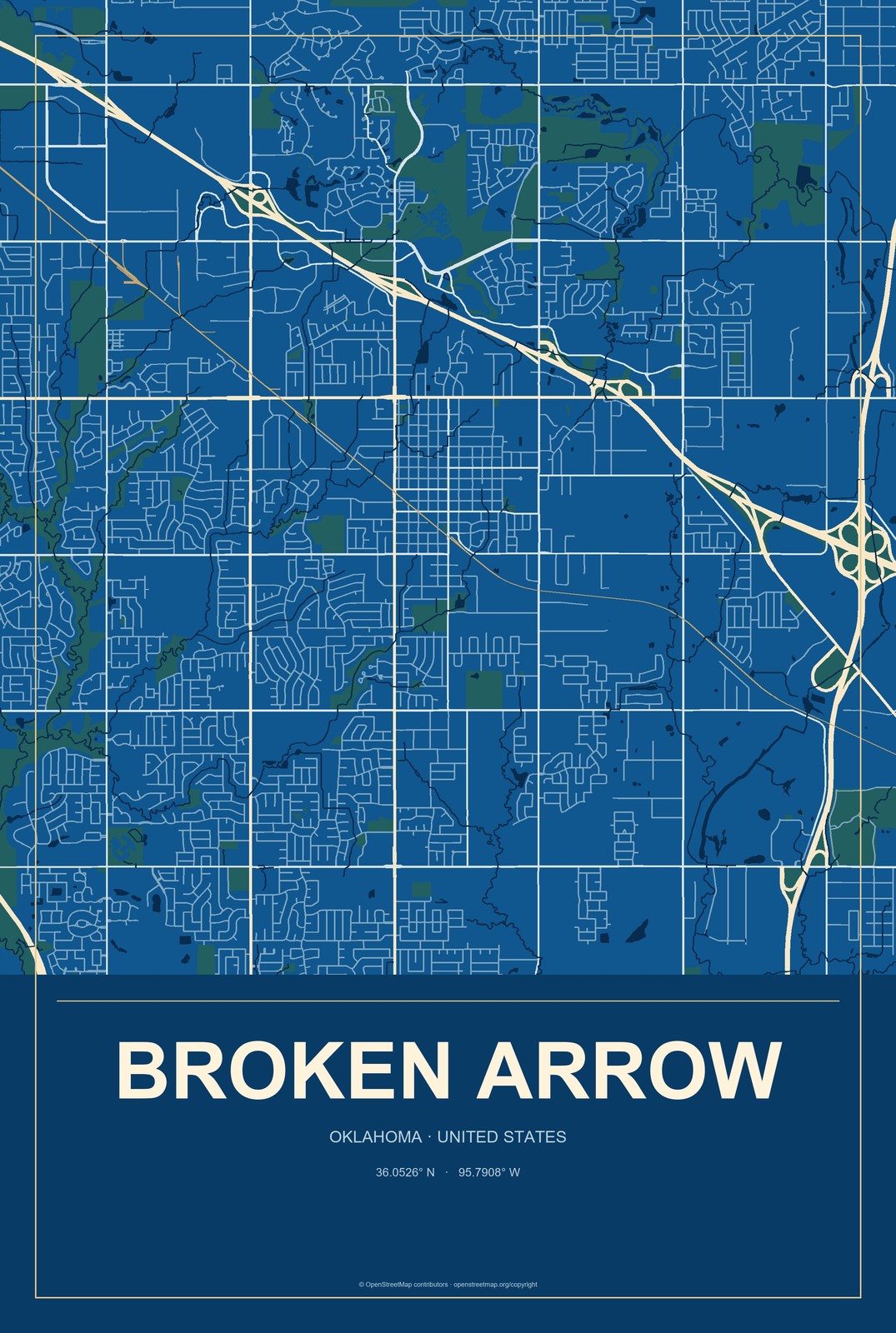 Broken Arrow, Oklahoma City Map Aluminum Sign in Harbor Cobalt style