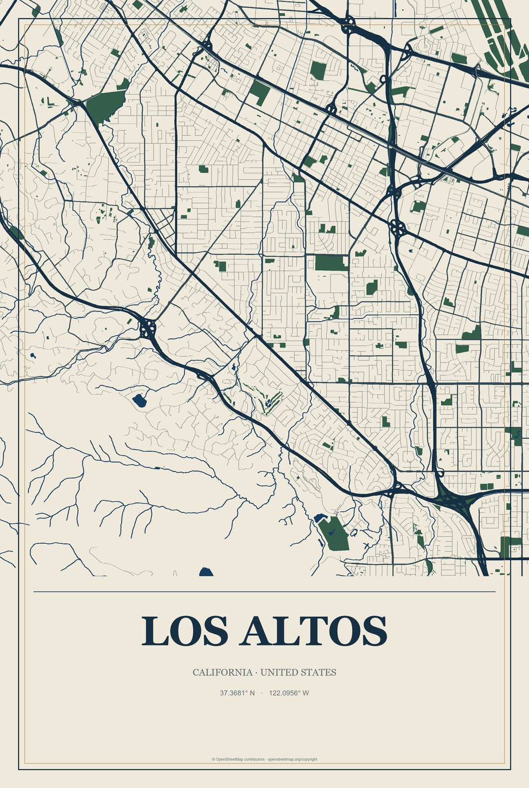 Los Altos, California City Map Aluminum Sign in Coastal Cutout style