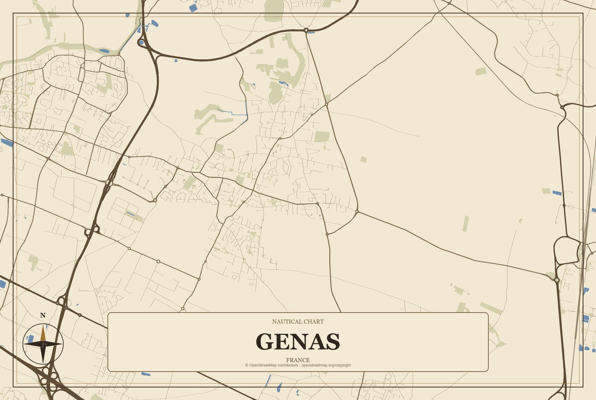 Genas, France City Map Aluminum Sign in Heritage Nautical style