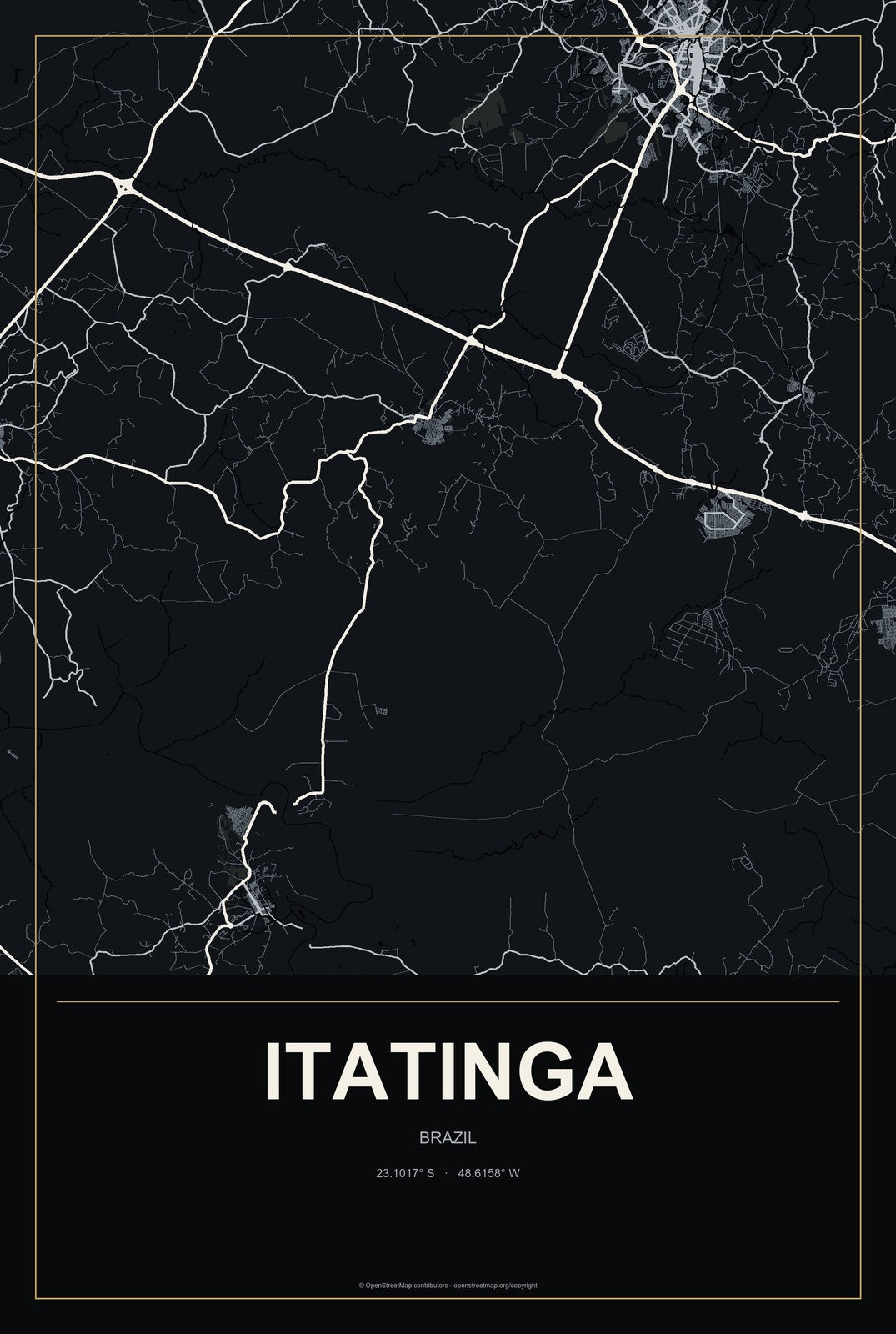Itatinga, Brazil City Map Aluminum Sign in Metropolitan Noir style
