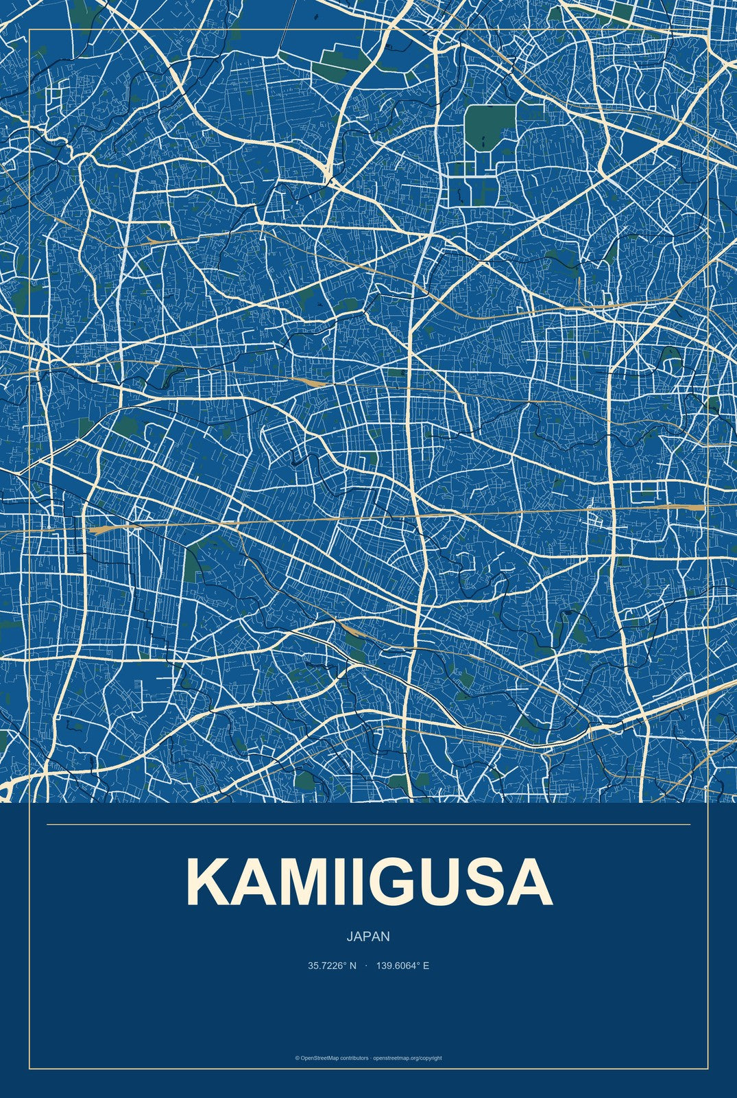 Kamiigusa, Japan City Map Aluminum Sign in Harbor Cobalt style