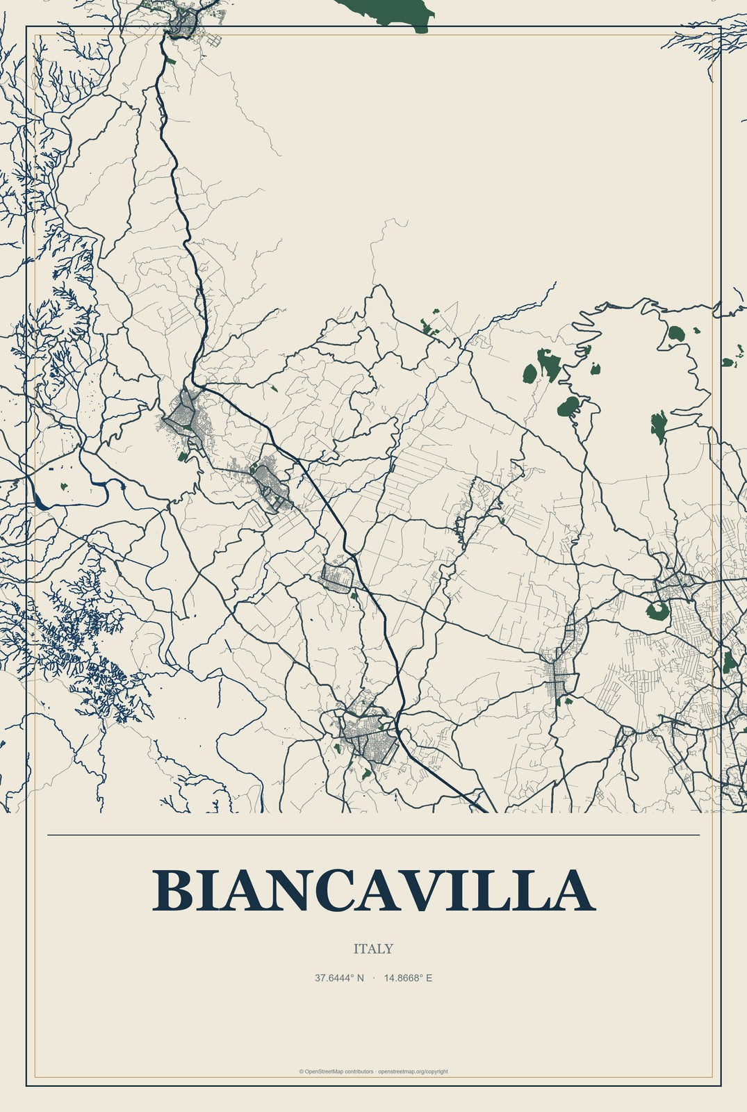 Biancavilla, Italy City Map Aluminum Sign in Coastal Cutout style