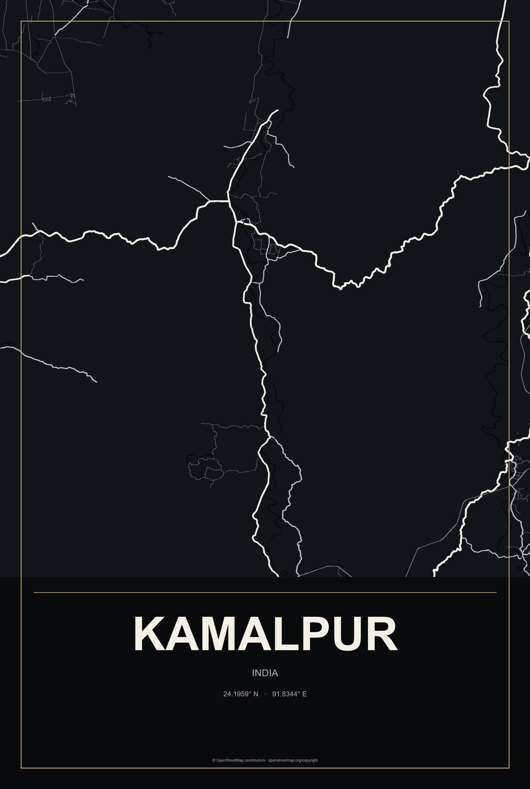 Kamalpur, India City Map Aluminum Sign in Metropolitan Noir style