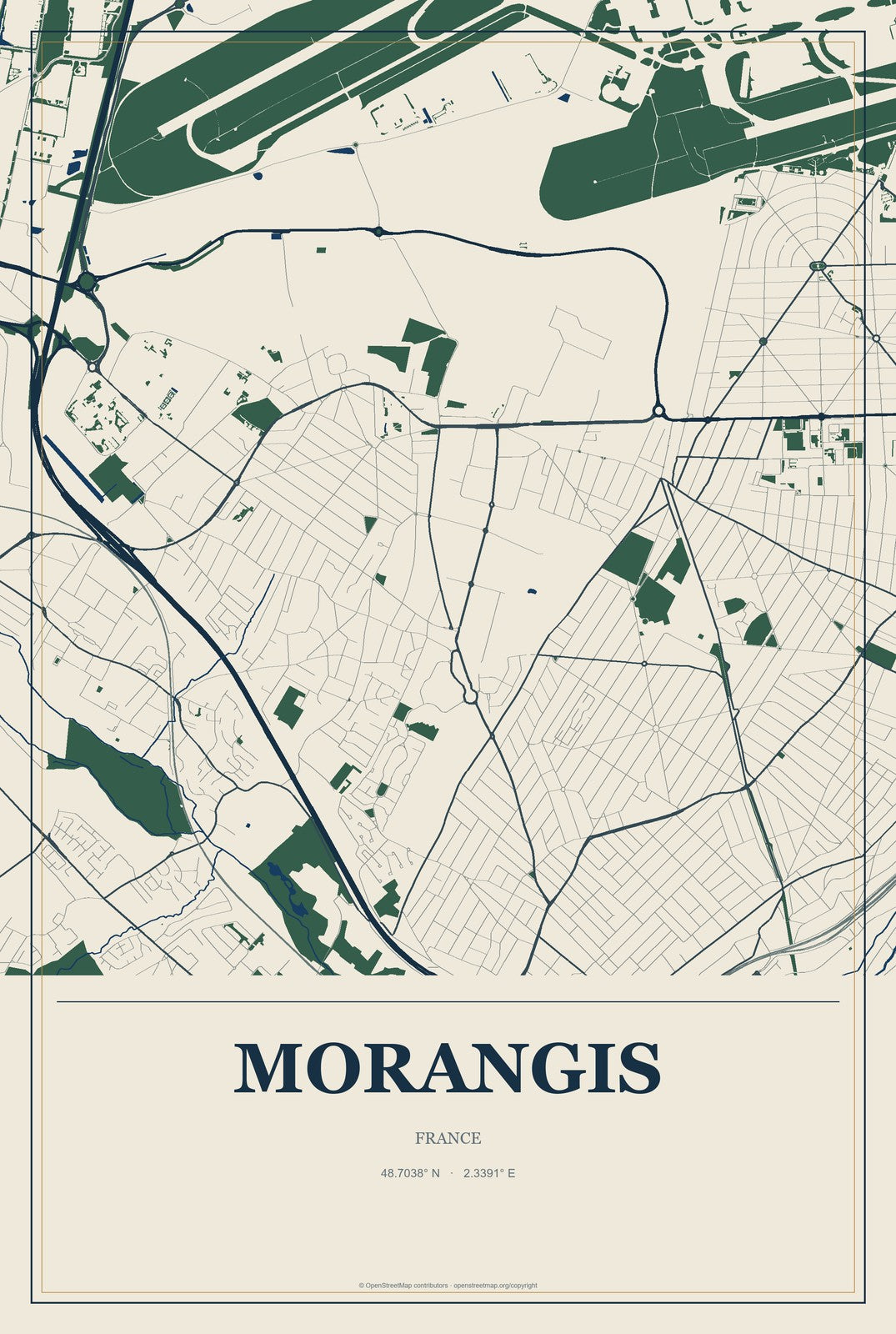 Morangis, France City Map Aluminum Sign in Coastal Cutout style