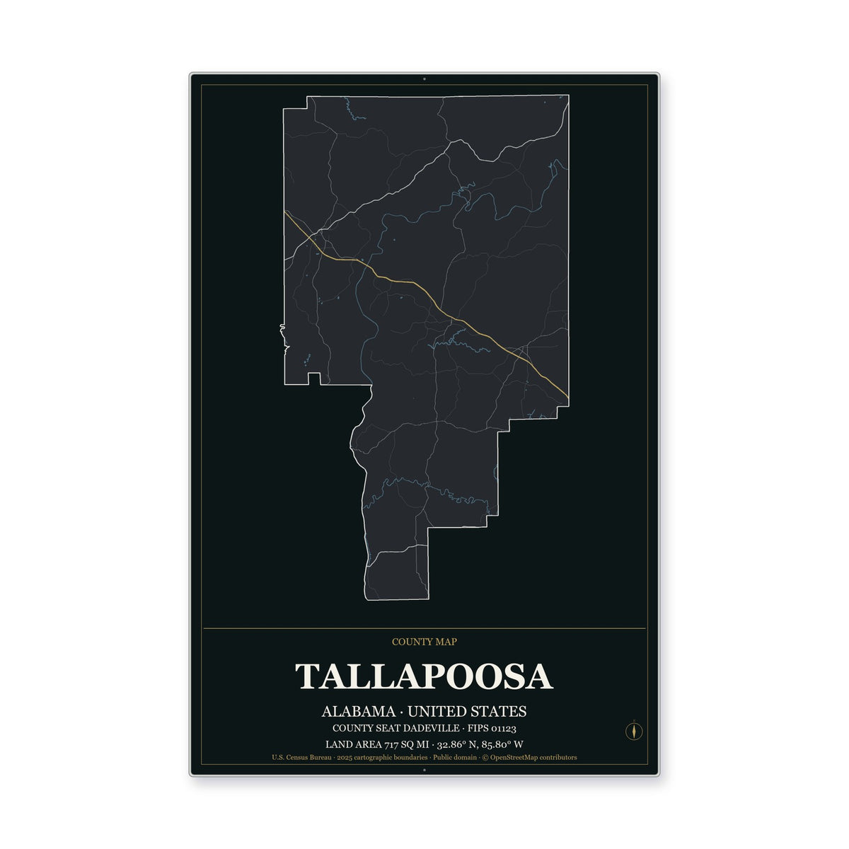 Tallapoosa County, Alabama Map Aluminum Sign in Metropolitan Noir style