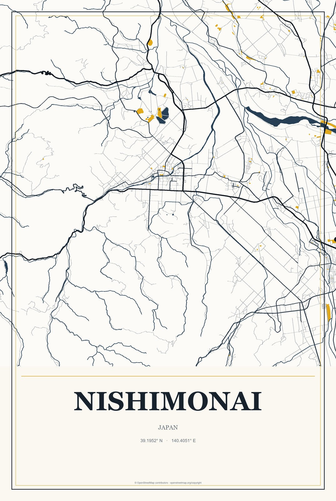 Nishimonai, Japan City Map Aluminum Sign in Citrine Modern style