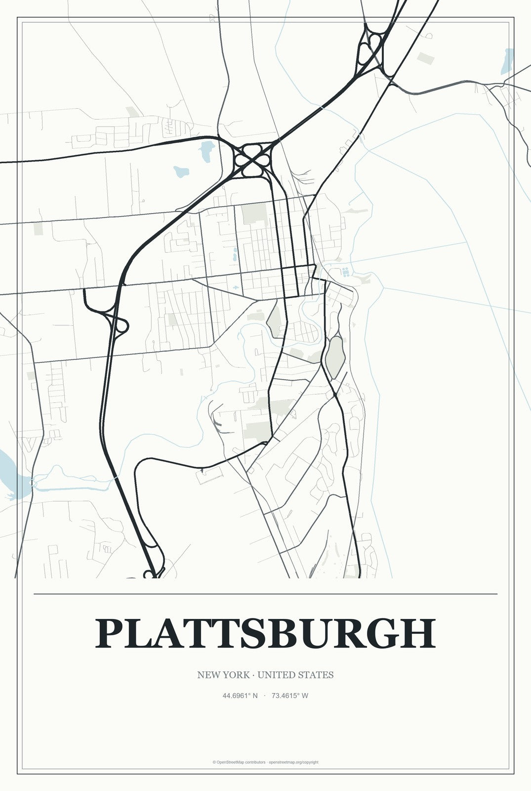 Plattsburgh, New York City Map Aluminum Sign in Gallery Air style