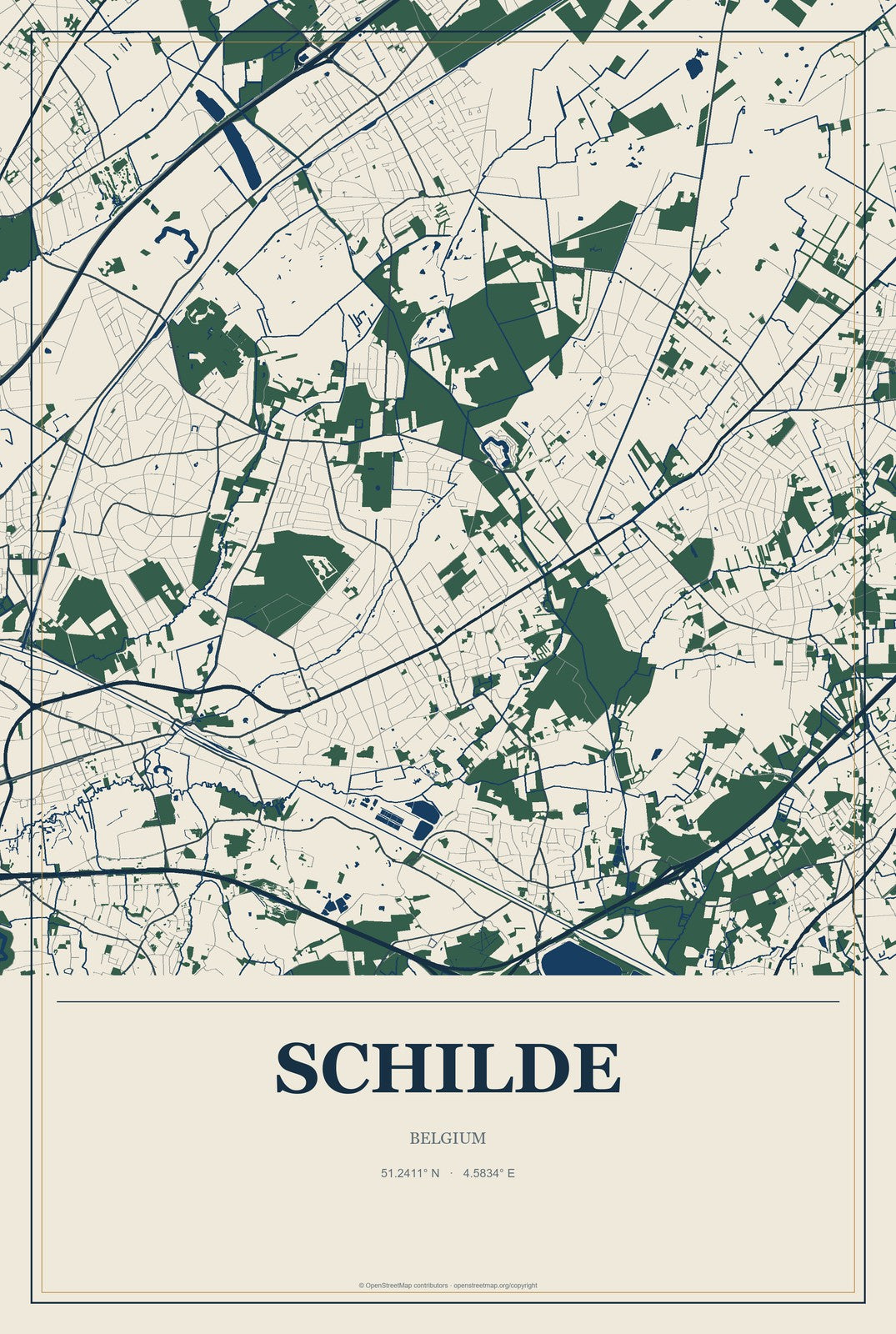 Schilde, Belgium City Map Aluminum Sign in Coastal Cutout style