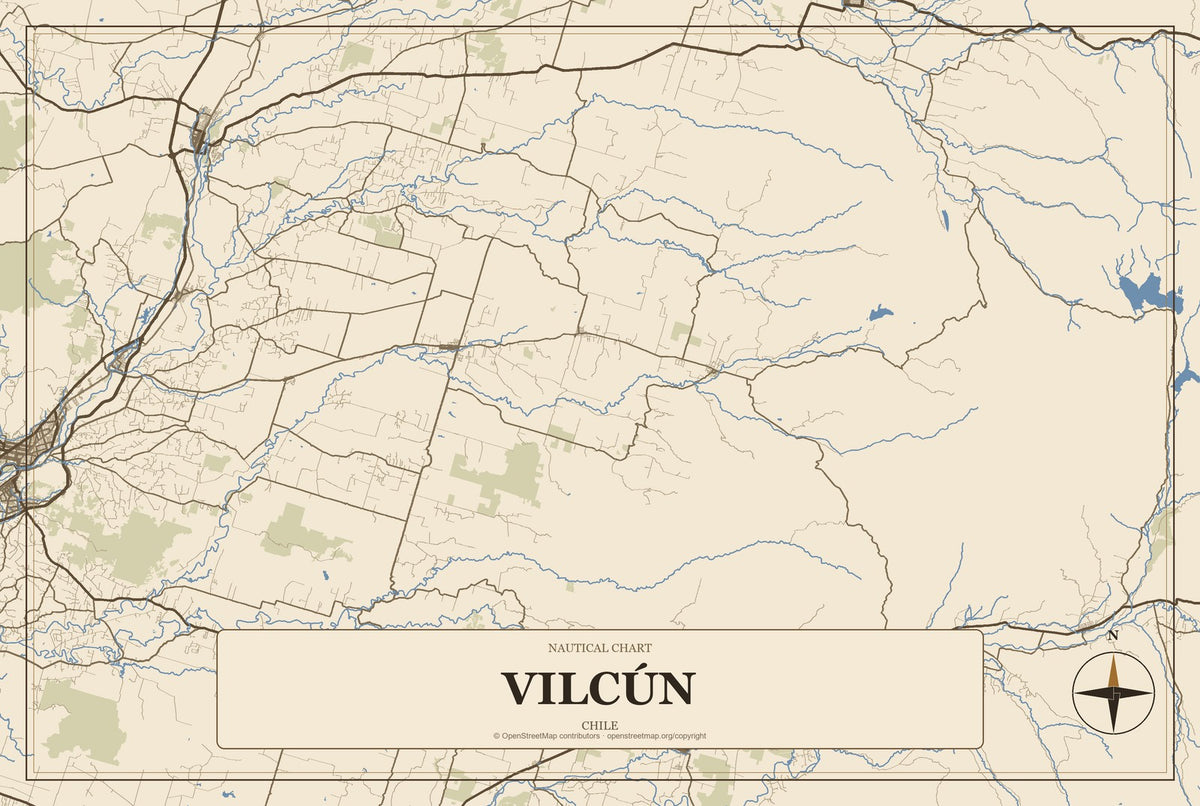 Vilcún, Chile City Map Aluminum Sign in Heritage Nautical style