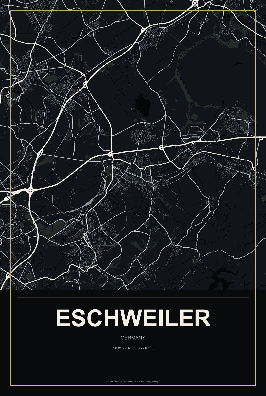 Eschweiler, Germany City Map Aluminum Sign in Metropolitan Noir style