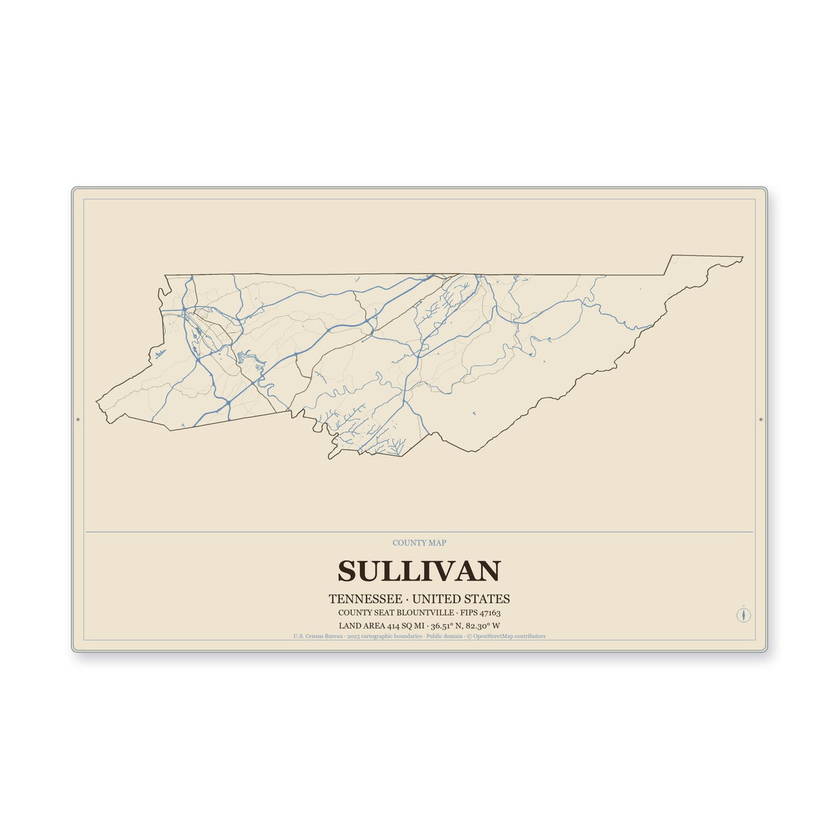 Sullivan County, Tennessee Map Aluminum Sign in Heritage Nautical style