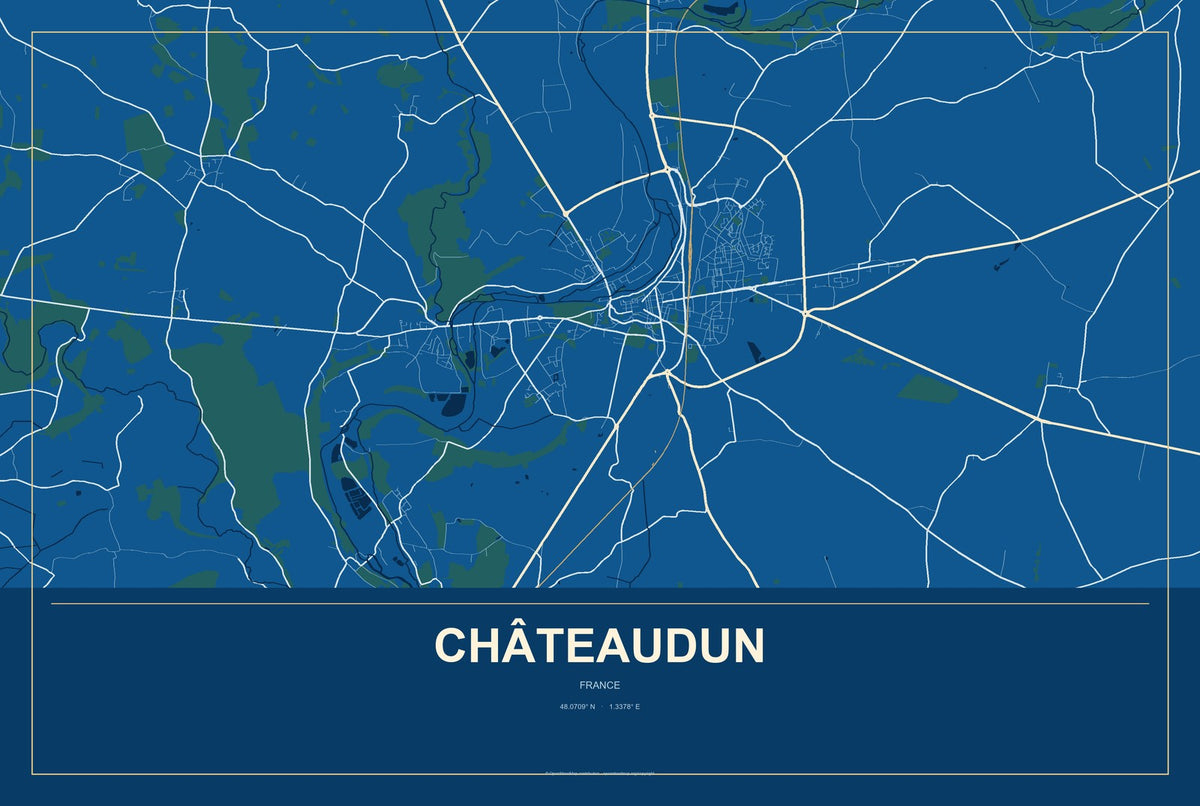 Châteaudun, France City Map Aluminum Sign in Harbor Cobalt style