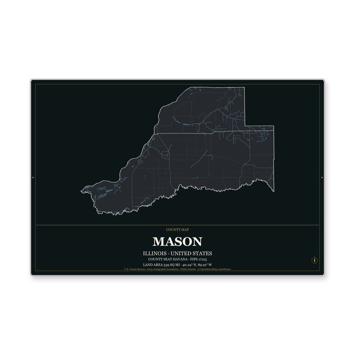 Mason County, Illinois Map Aluminum Sign in Metropolitan Noir style