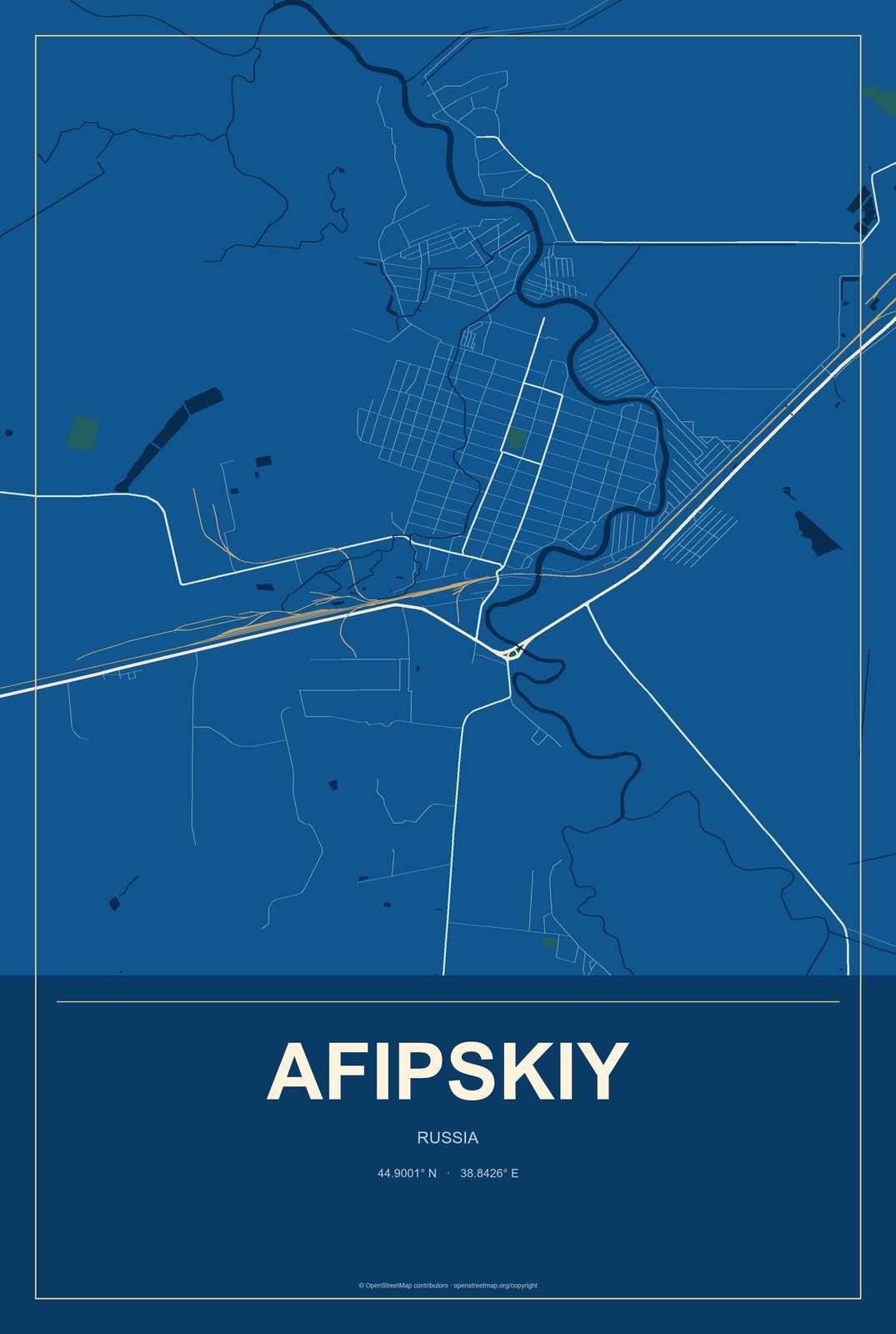 Afipskiy, Russia City Map Aluminum Sign in Harbor Cobalt style