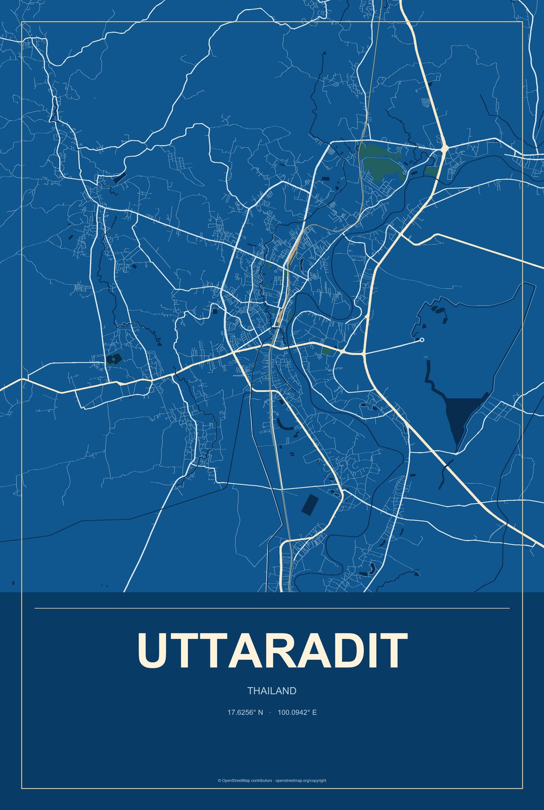 Uttaradit, Thailand City Map Aluminum Sign in Harbor Cobalt style