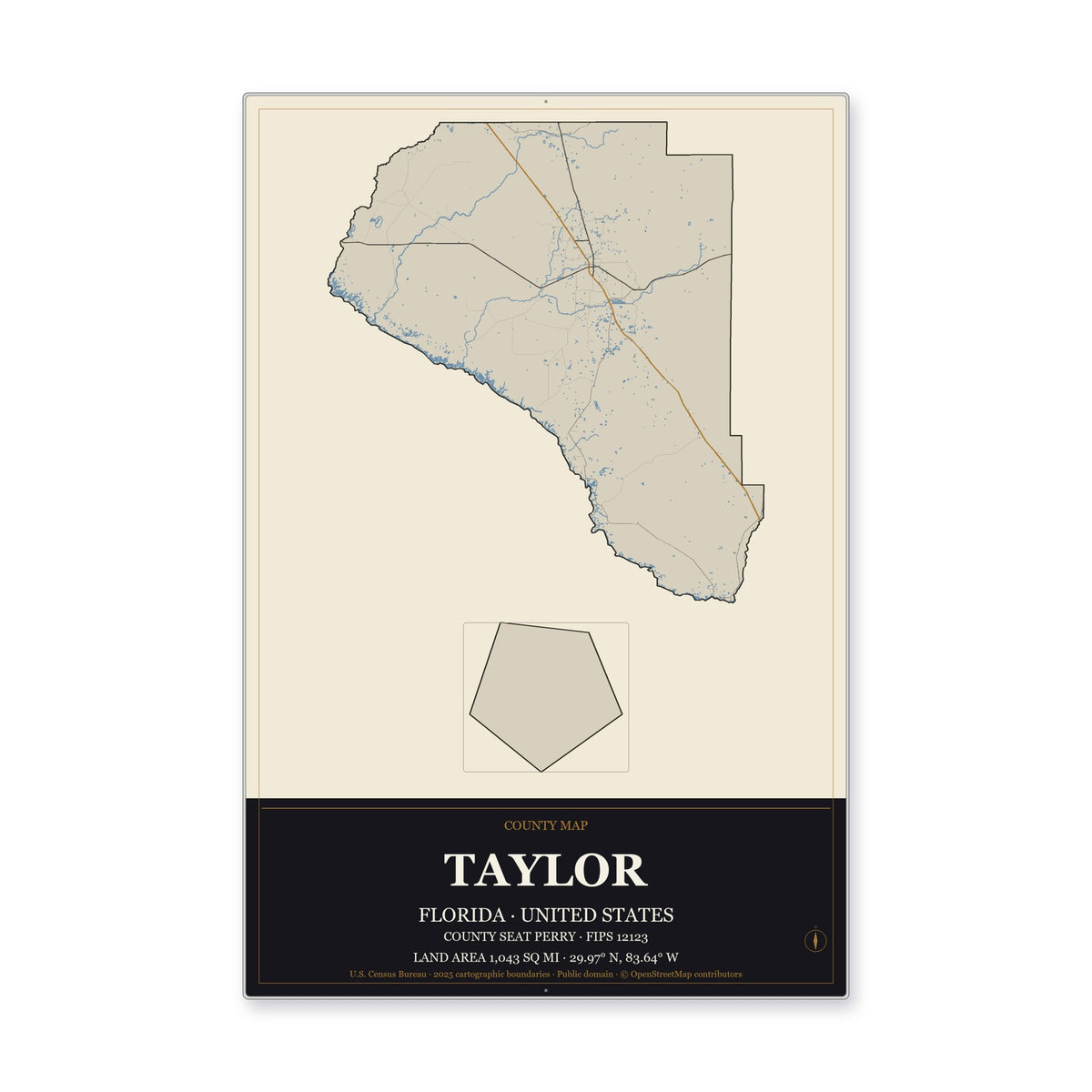 Taylor County, Florida Map Aluminum Sign in Museum Plaque style