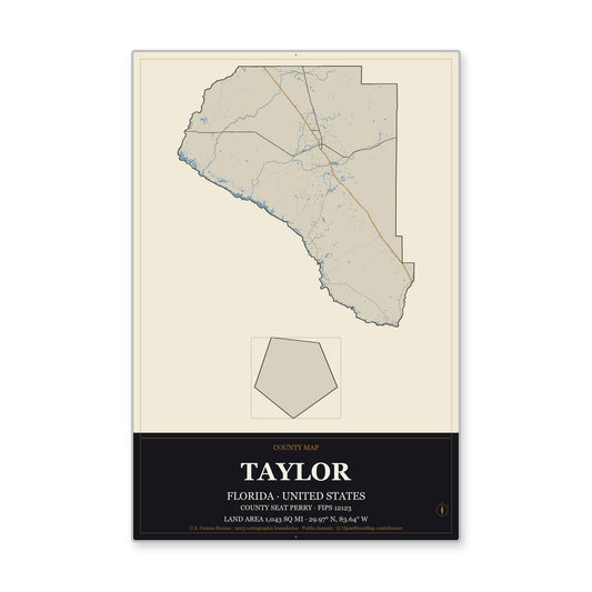 Taylor County, Florida Map Aluminum Sign in Museum Plaque style