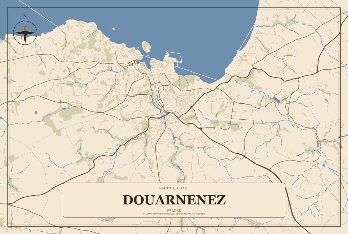 Douarnenez, France City Map Aluminum Sign in Heritage Nautical style