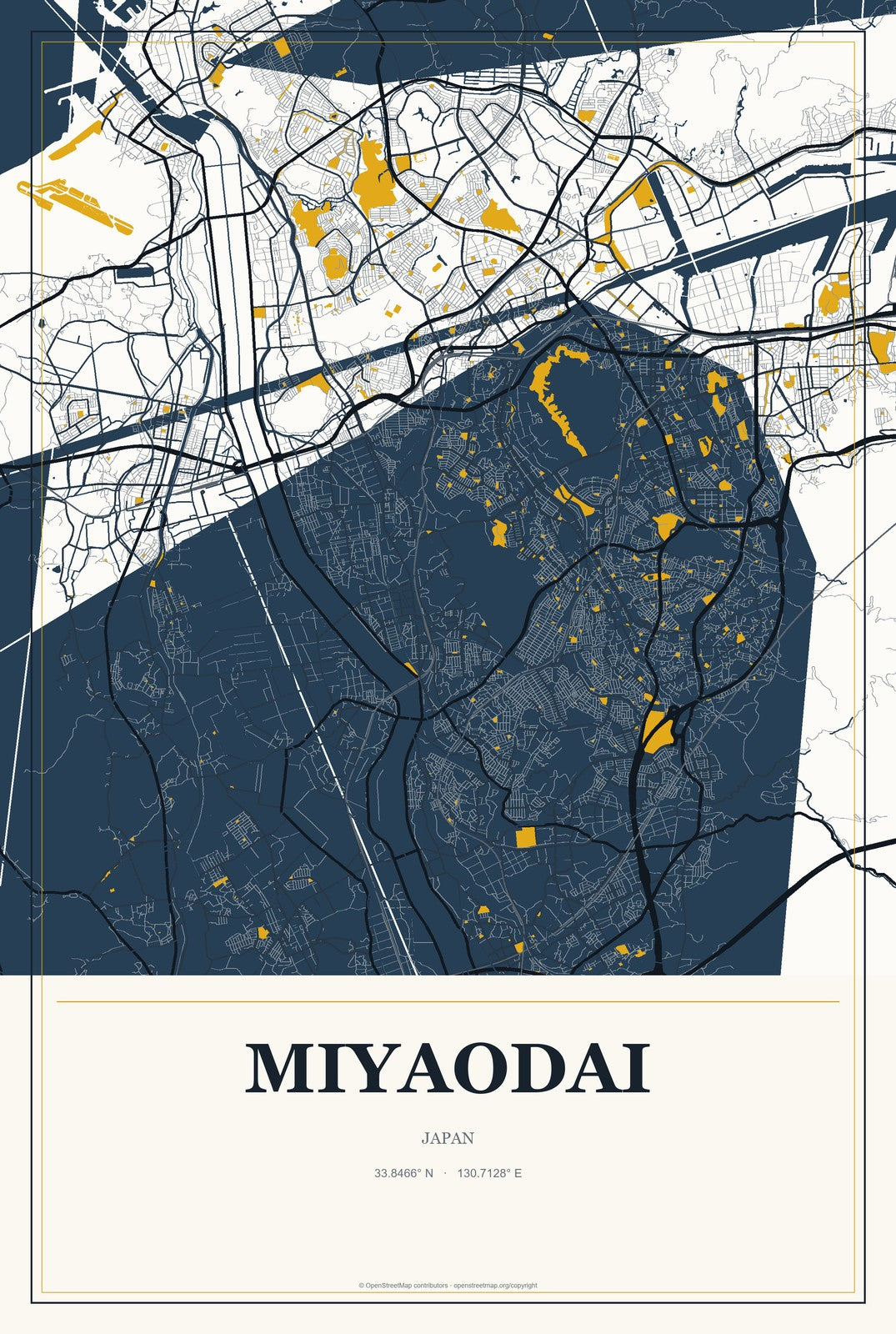 Miyaodai, Japan City Map Aluminum Sign in Citrine Modern style