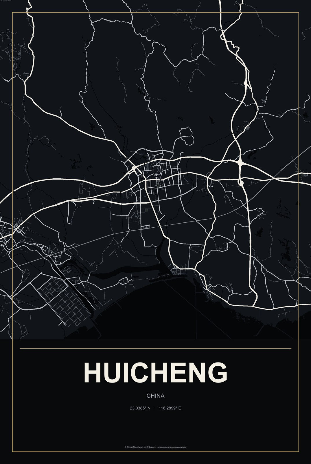 Huicheng, Guangdong, China City Map Aluminum Sign in Metropolitan Noir style