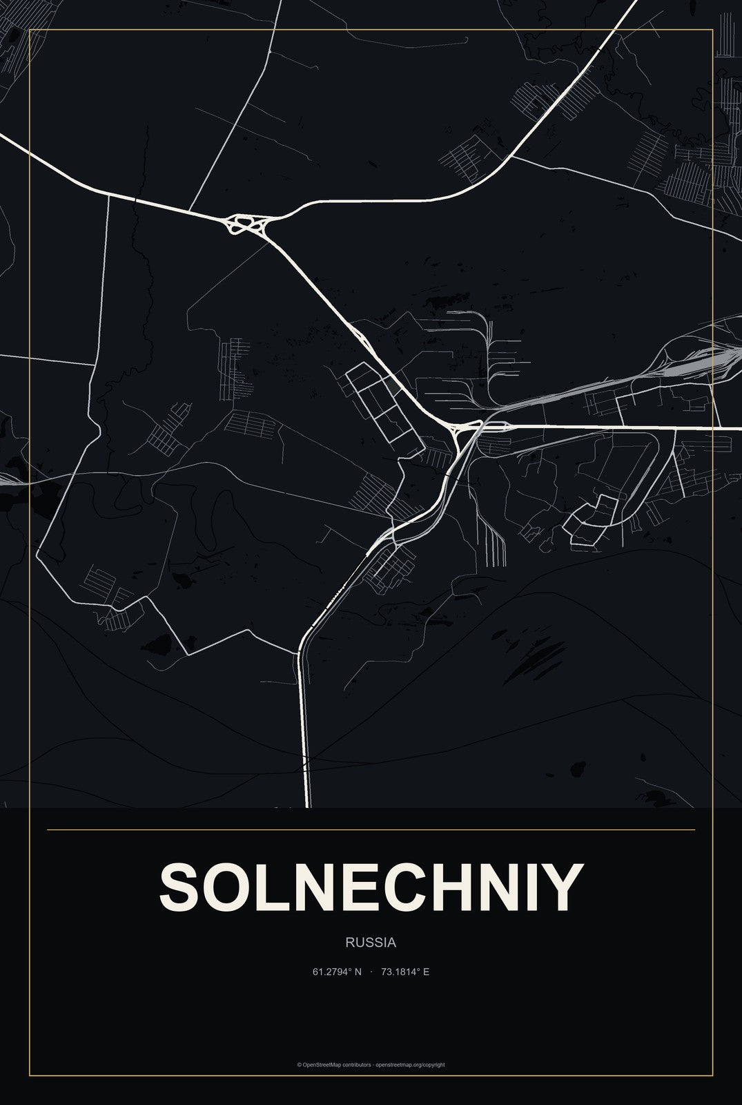 Solnechniy, Russia City Map Aluminum Sign in Metropolitan Noir style