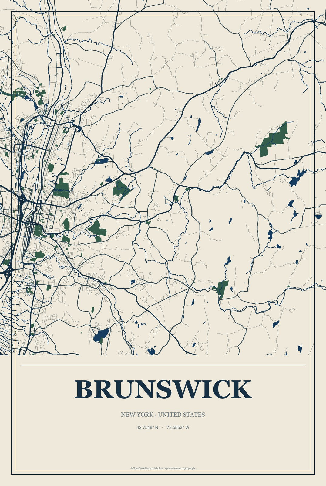 Brunswick, New York City Map Aluminum Sign in Coastal Cutout style