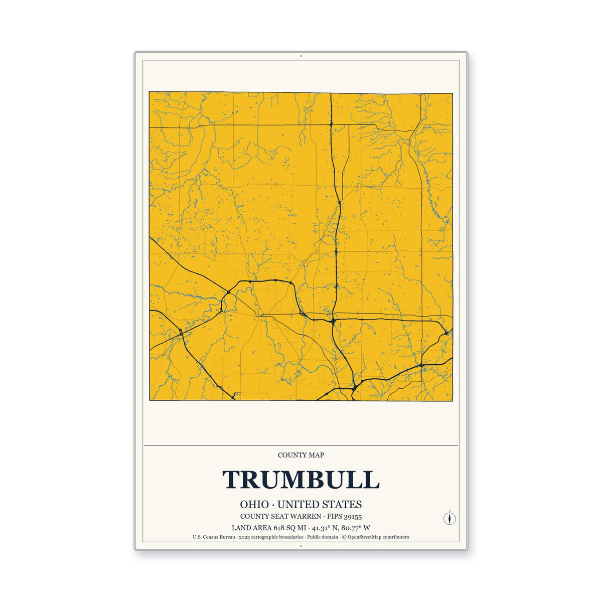 Trumbull County, Ohio Map Aluminum Sign in Citrine Modern style