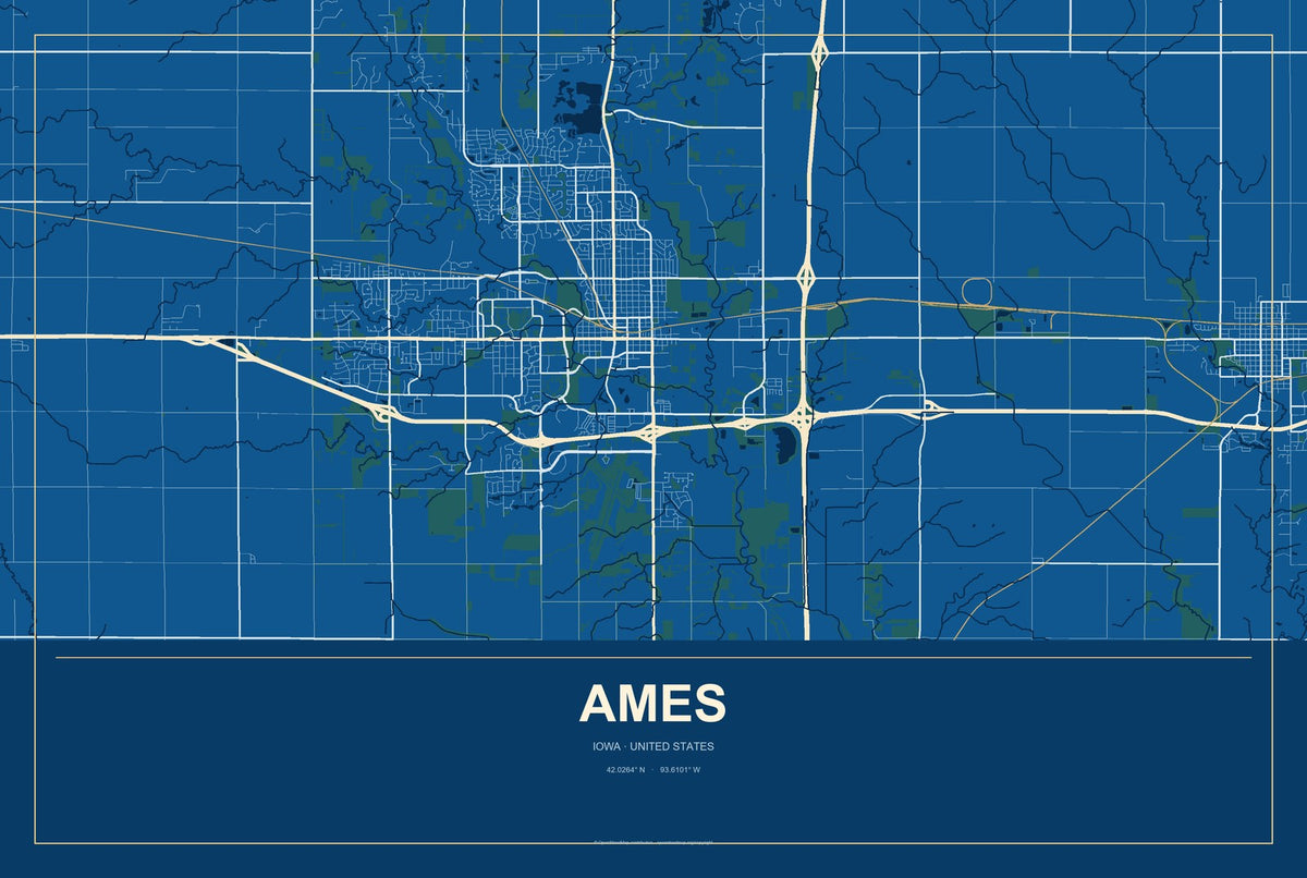 Ames, Iowa City Map Aluminum Sign in Harbor Cobalt style