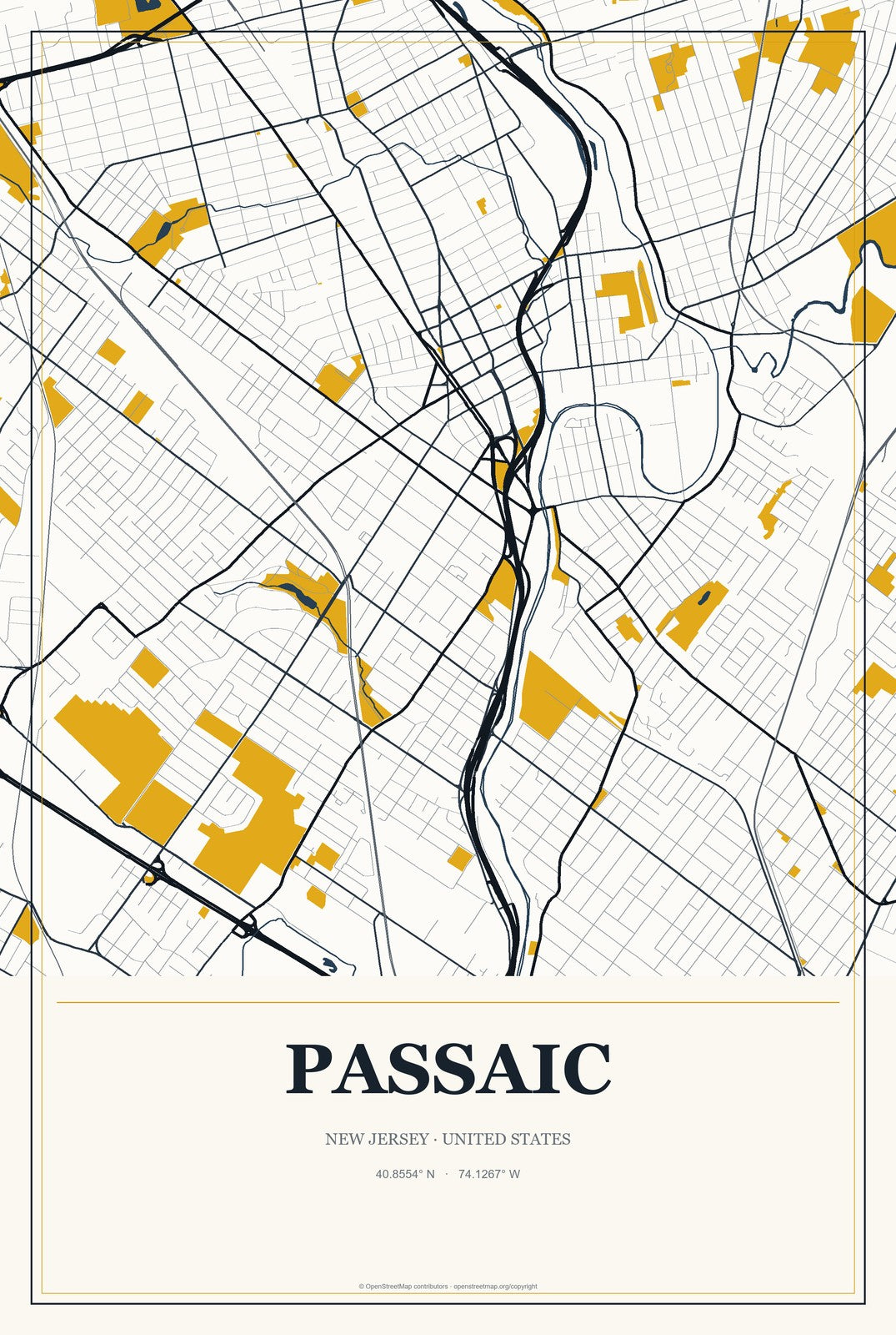 Passaic, New Jersey City Map Aluminum Sign in Citrine Modern style