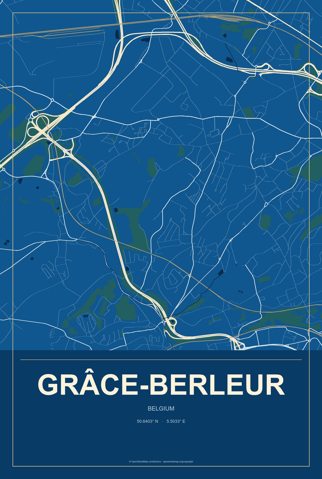 Grâce-Berleur, Belgium City Map Aluminum Sign in Harbor Cobalt style