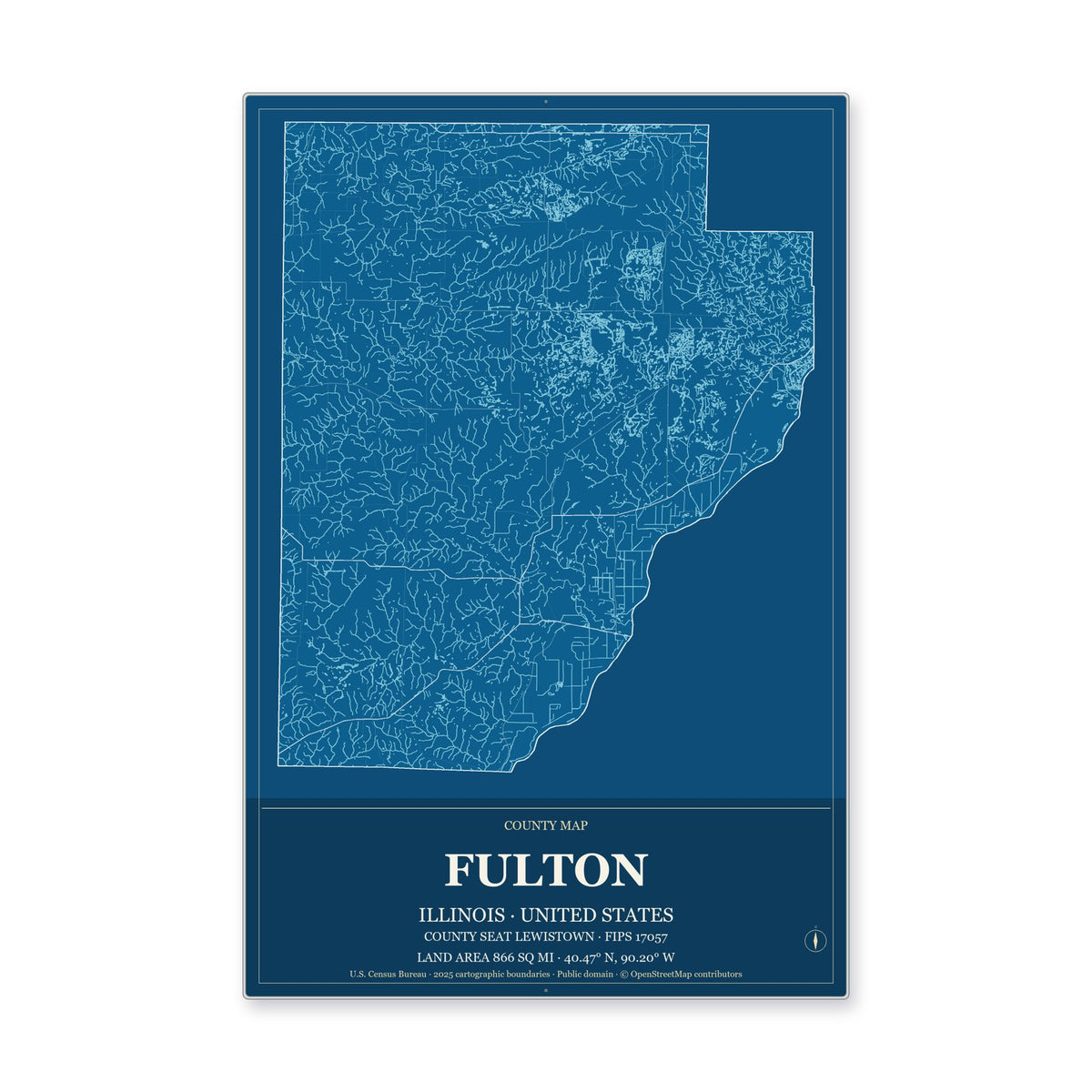 Fulton County, Illinois Map Aluminum Sign in Harbor Cobalt style