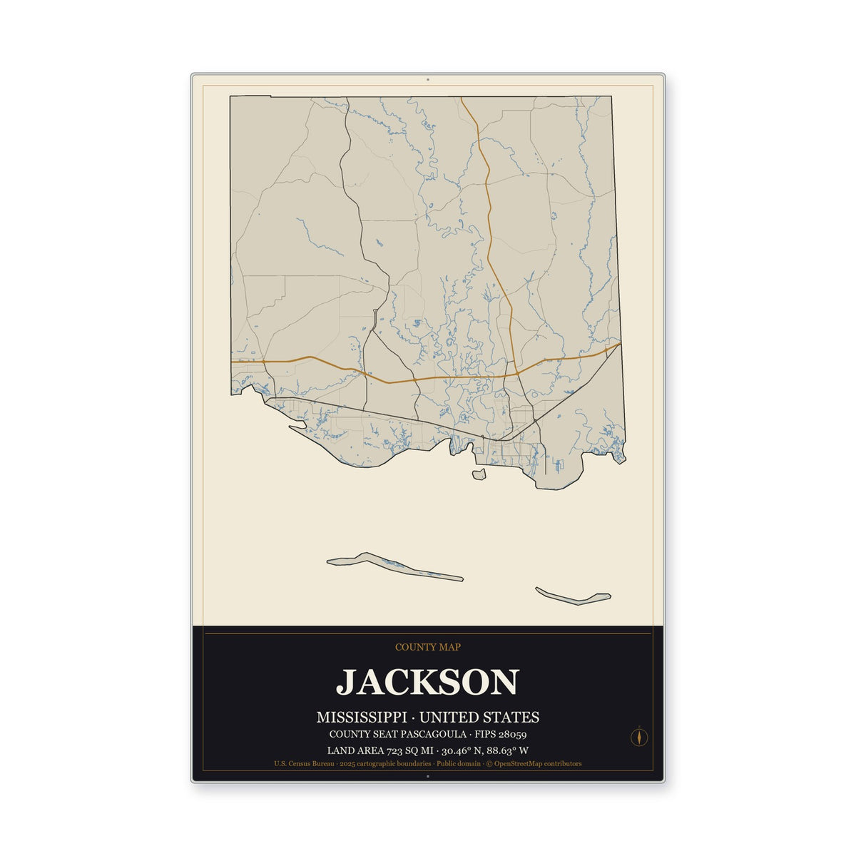 Jackson County, Mississippi Map Aluminum Sign in Museum Plaque style