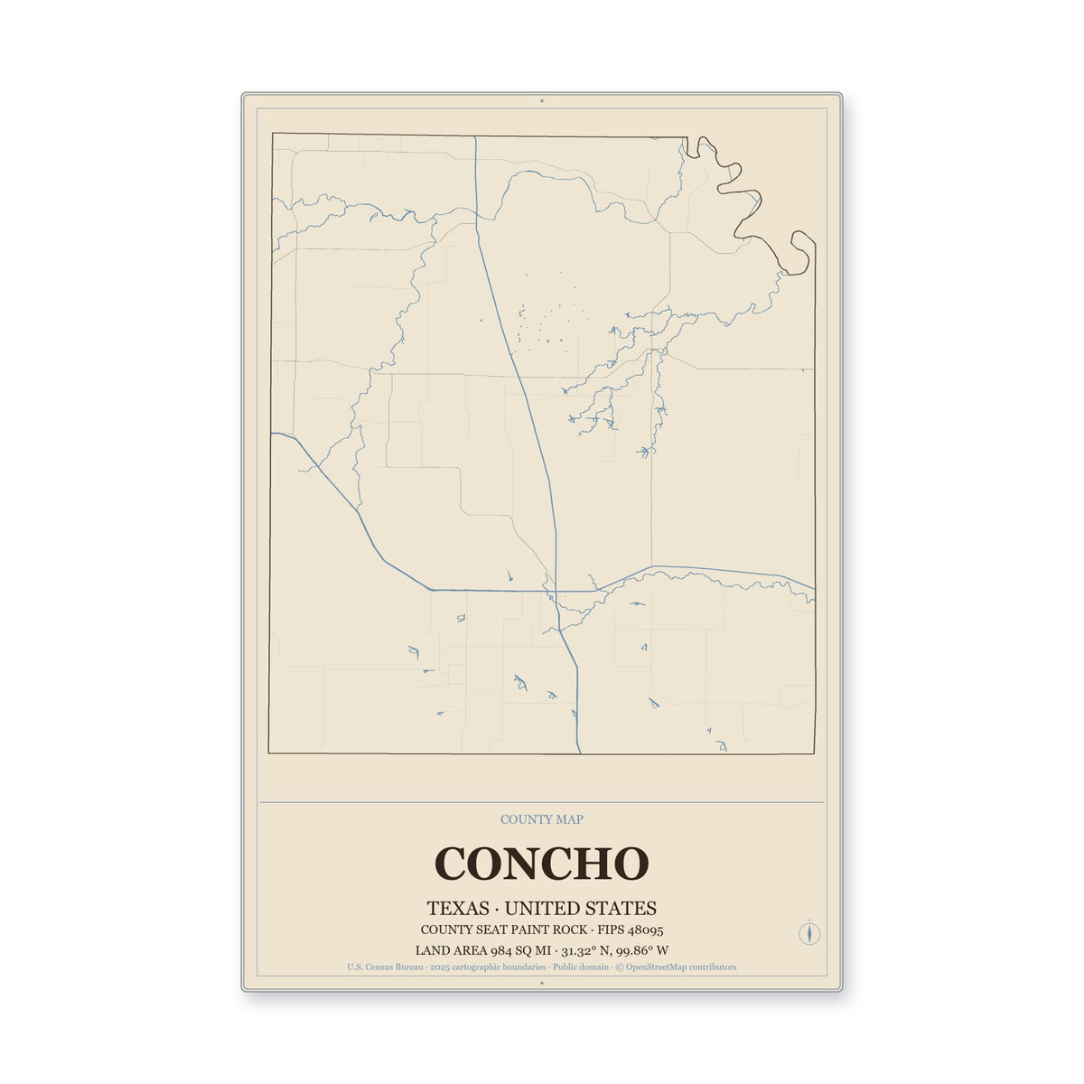 Concho County, Texas Map Aluminum Sign in Heritage Nautical style