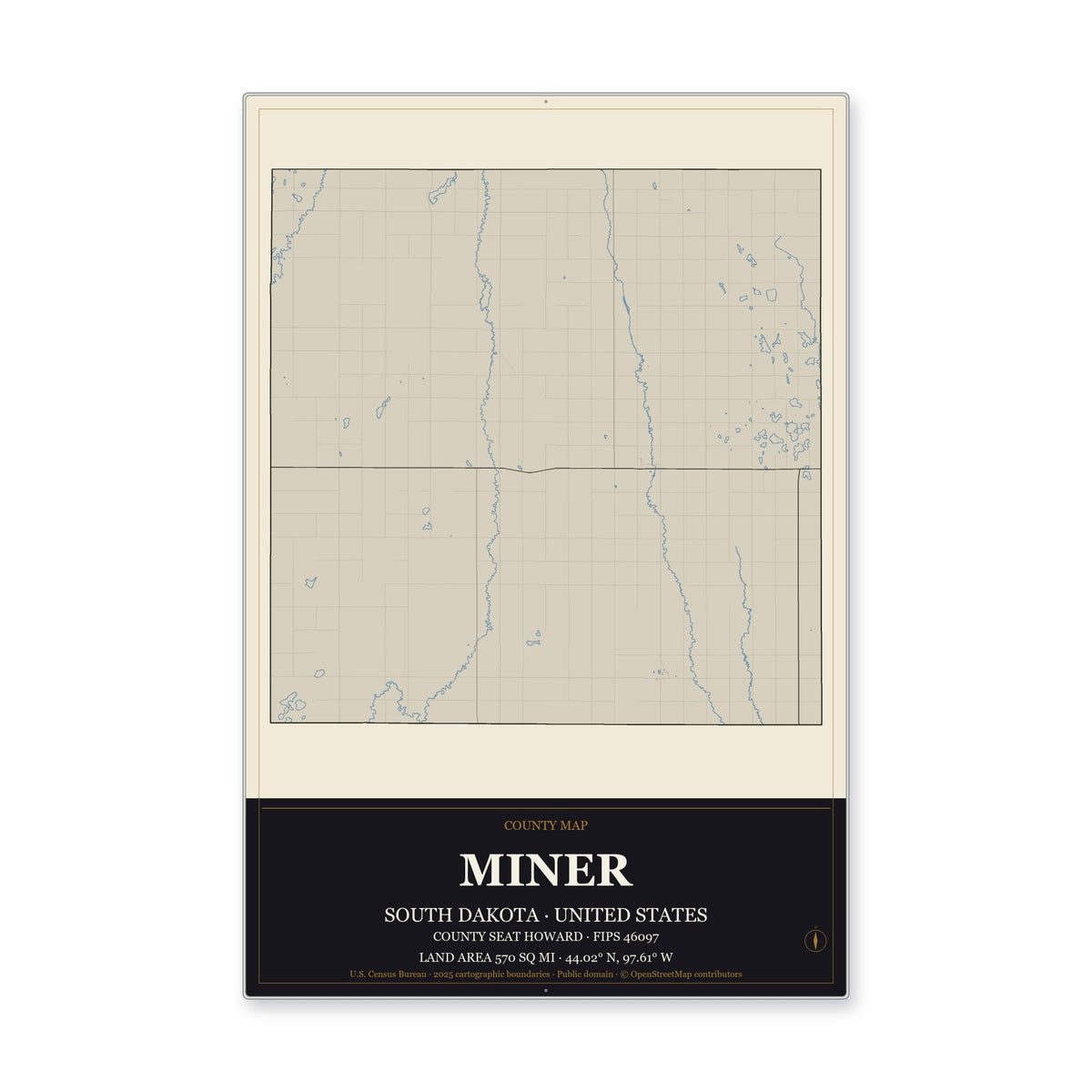 Miner County, South Dakota Map Aluminum Sign in Museum Plaque style