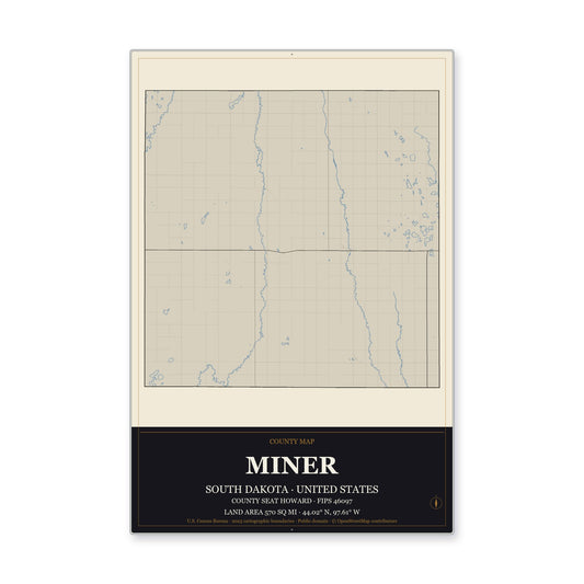 Miner County, South Dakota Map Aluminum Sign in Museum Plaque style