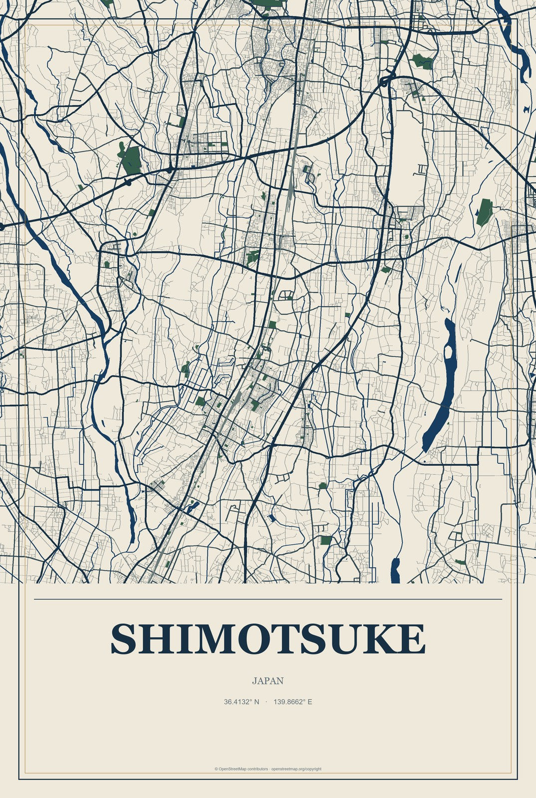 Shimotsuke, Japan City Map Aluminum Sign in Coastal Cutout style