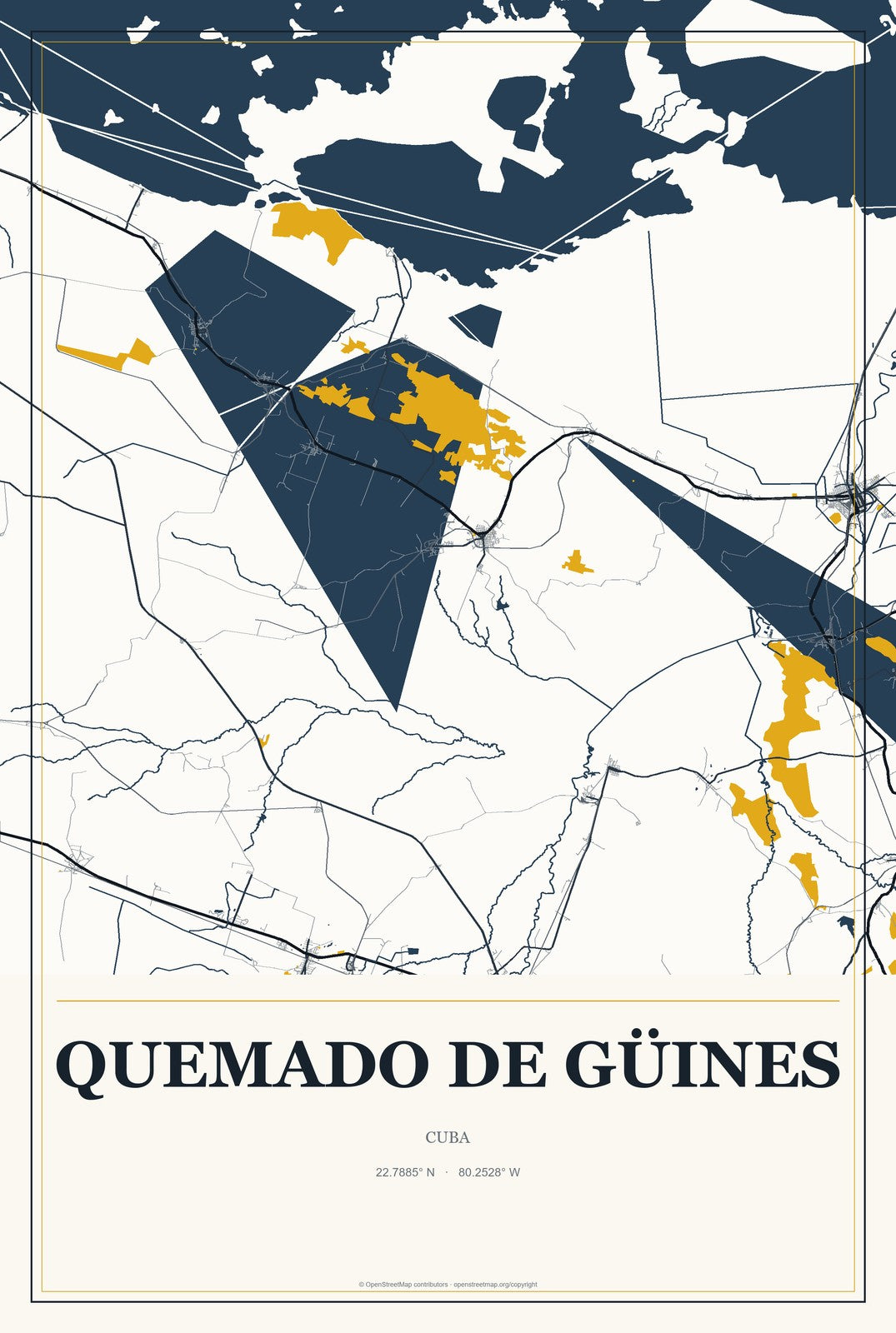 Quemado de Güines, Cuba City Map Aluminum Sign in Citrine Modern style