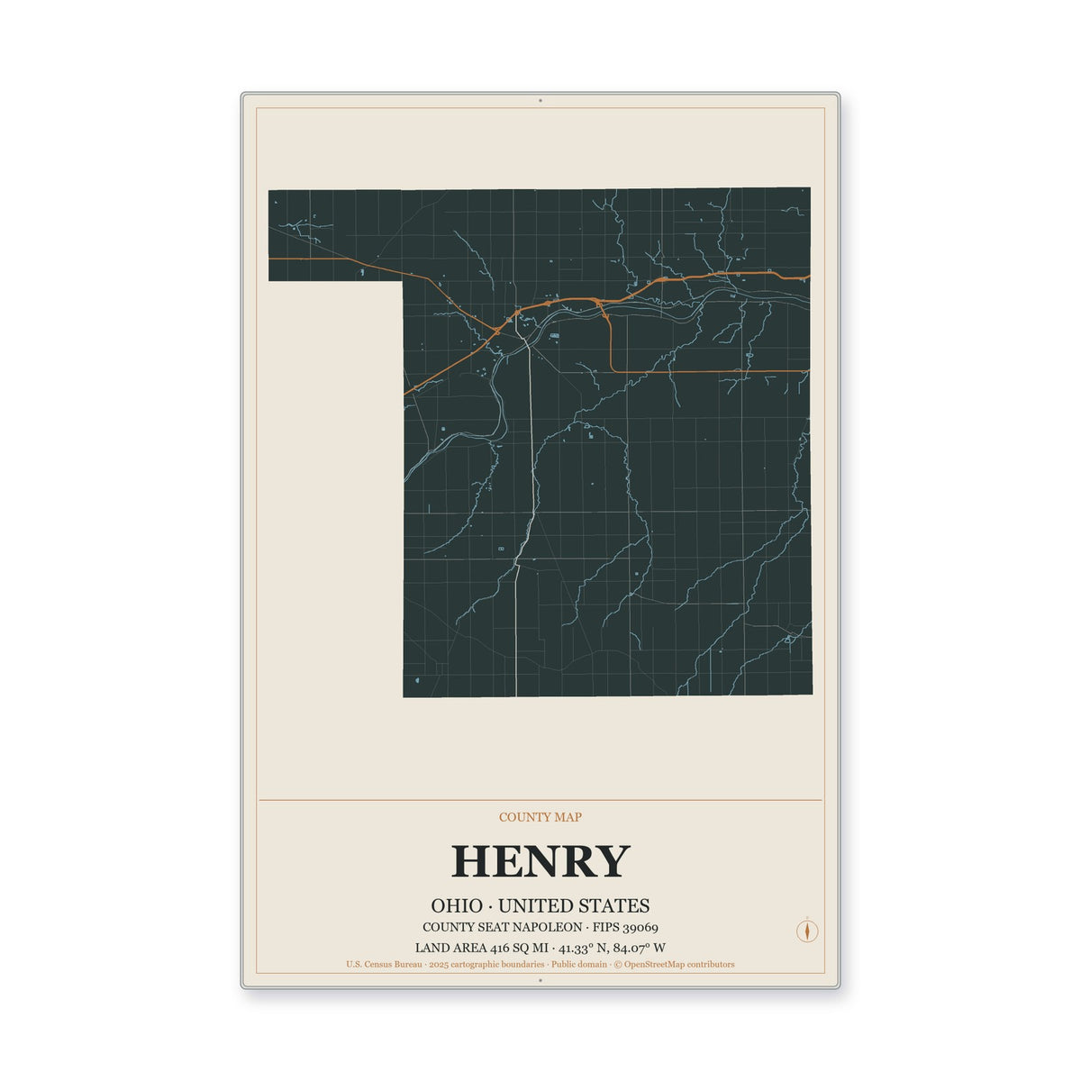 Henry County, Ohio Map Aluminum Sign in Headline Atlas style