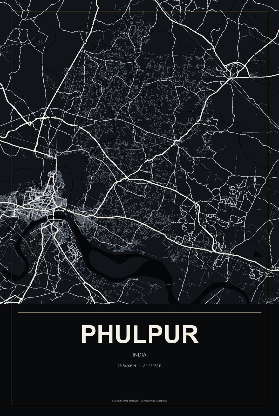 Phulpur, India City Map Aluminum Sign in Metropolitan Noir style