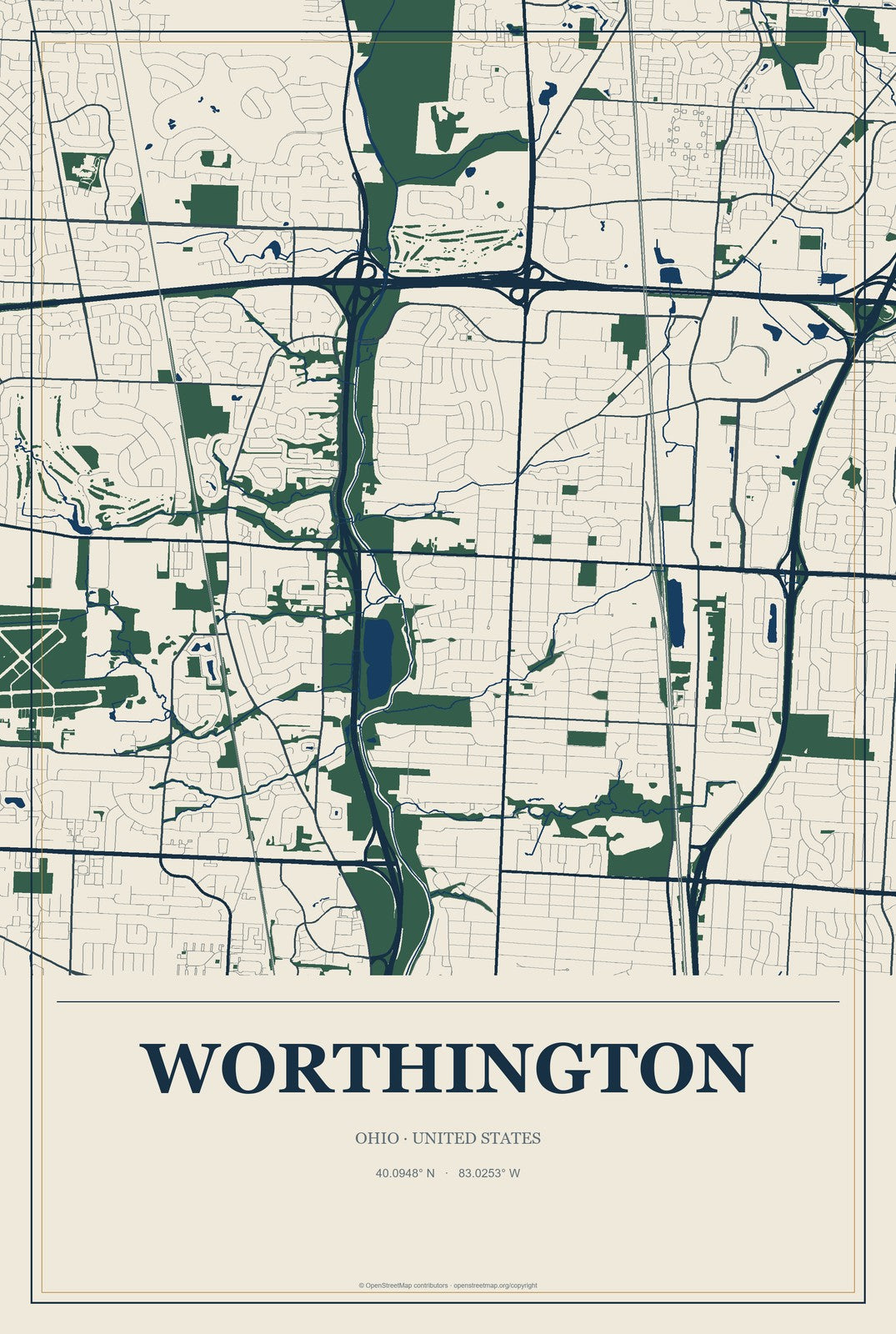 Worthington, Ohio City Map Aluminum Sign in Coastal Cutout style