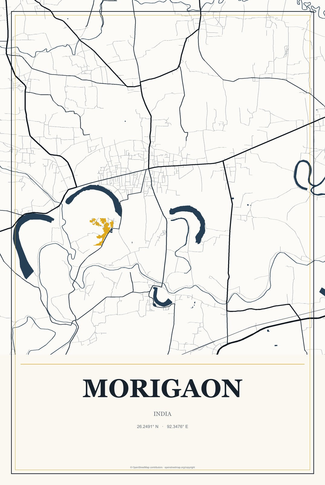 Morigaon, India City Map Aluminum Sign in Citrine Modern style