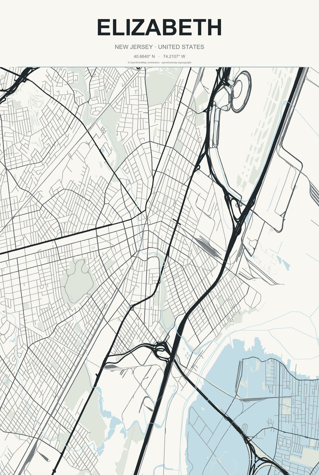 Elizabeth, New Jersey City Map Aluminum Sign in Headline Atlas style