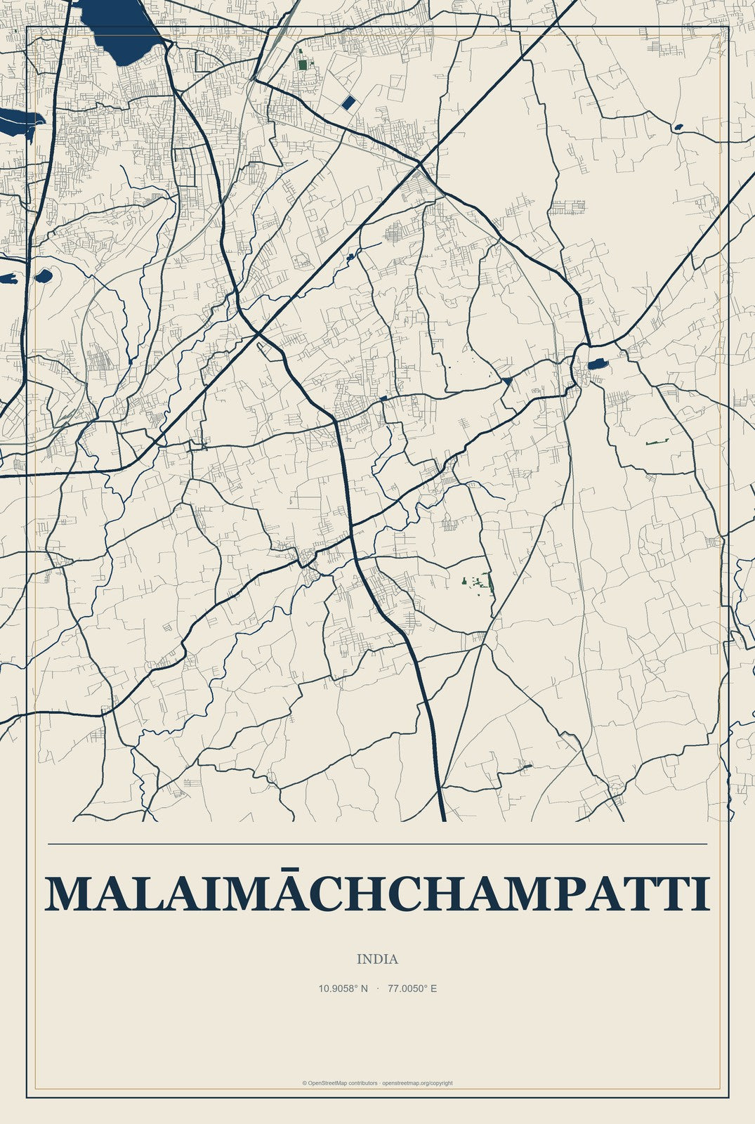 Malaimāchchampatti, India City Map Aluminum Sign in Coastal Cutout style