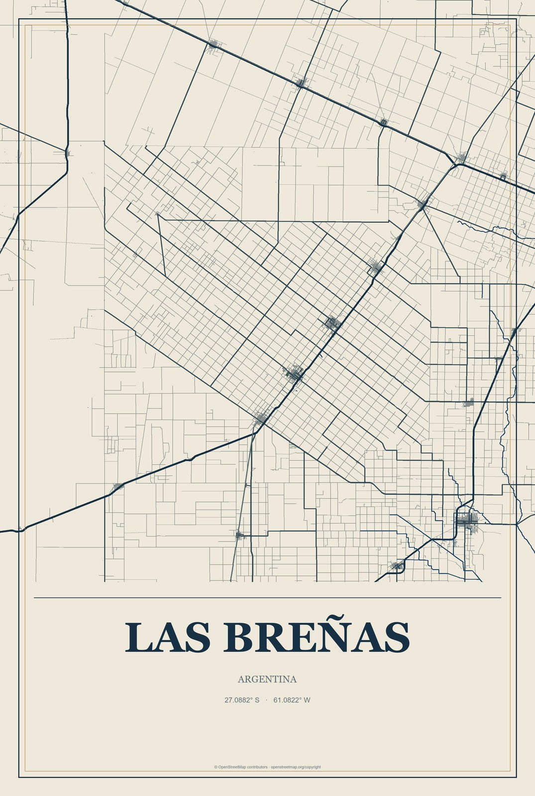 Las Breñas, Argentina City Map Aluminum Sign in Coastal Cutout style