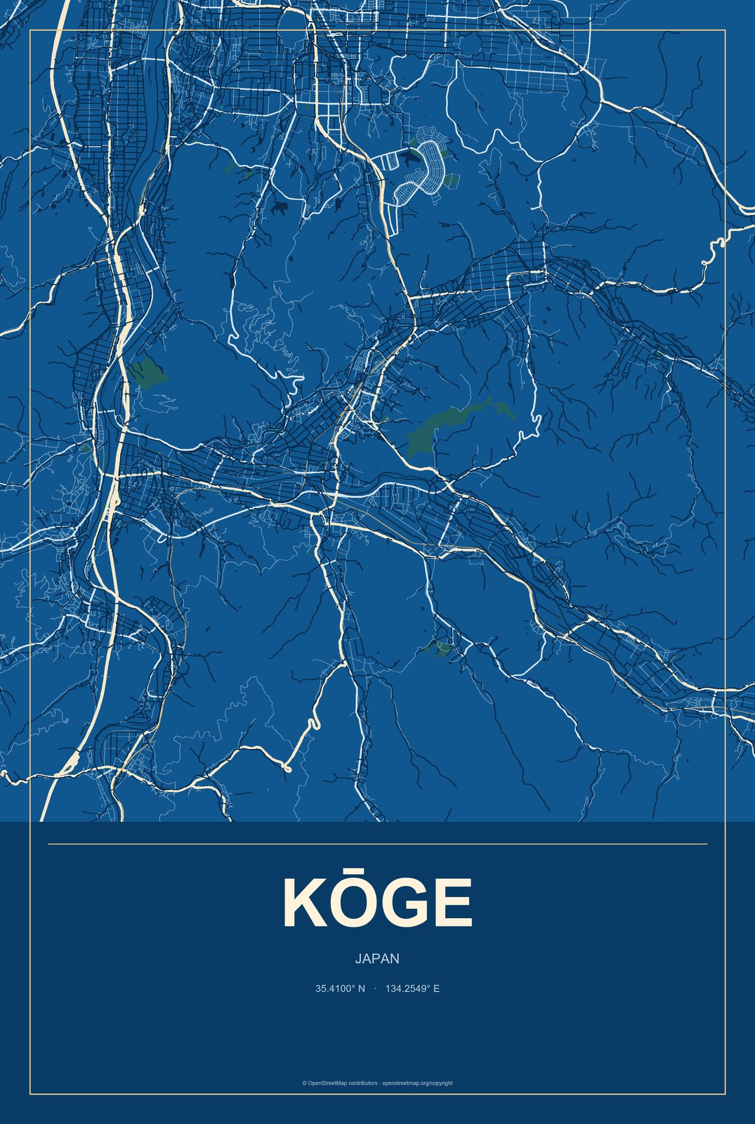 Kōge, Japan City Map Aluminum Sign in Harbor Cobalt style