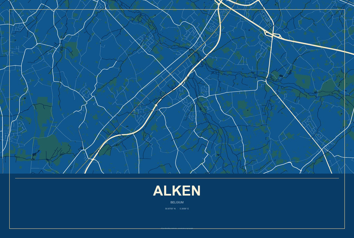 Alken, Belgium City Map Aluminum Sign in Harbor Cobalt style
