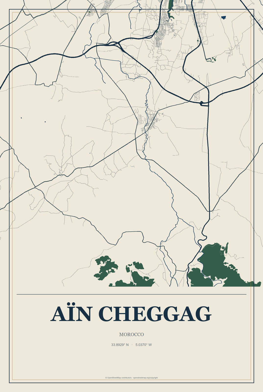 Aïn Cheggag, Morocco City Map Aluminum Sign in Coastal Cutout style